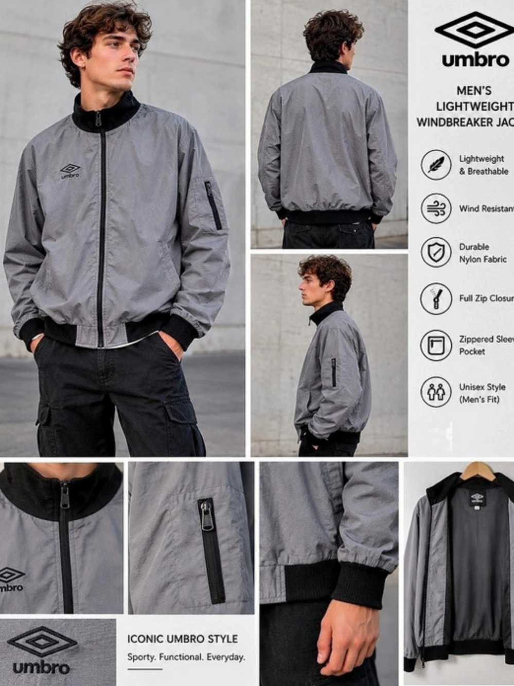 Umbro Men's Lightweight Windbreaker Jacket Gray & Black Large